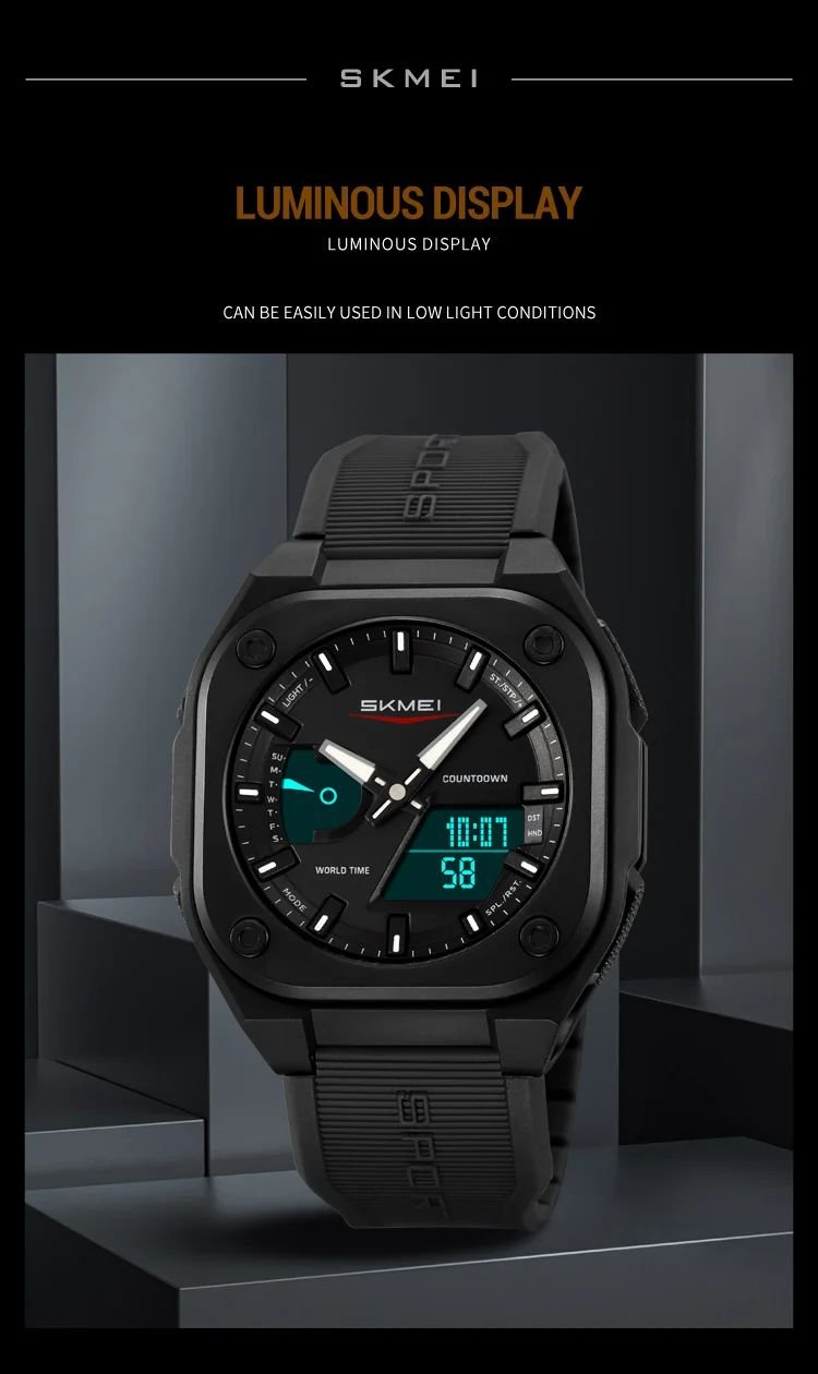 SKMEI Original Men's World Timer Watch – Premium Analog-Digital Sports Chronograph with Heavy-Duty Silicone Strap - Black - Image 3