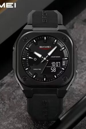 SKMEI Original Men's World Timer Watch – Premium Analog-Digital Sports Chronograph with Heavy-Duty Silicone Strap - Black
