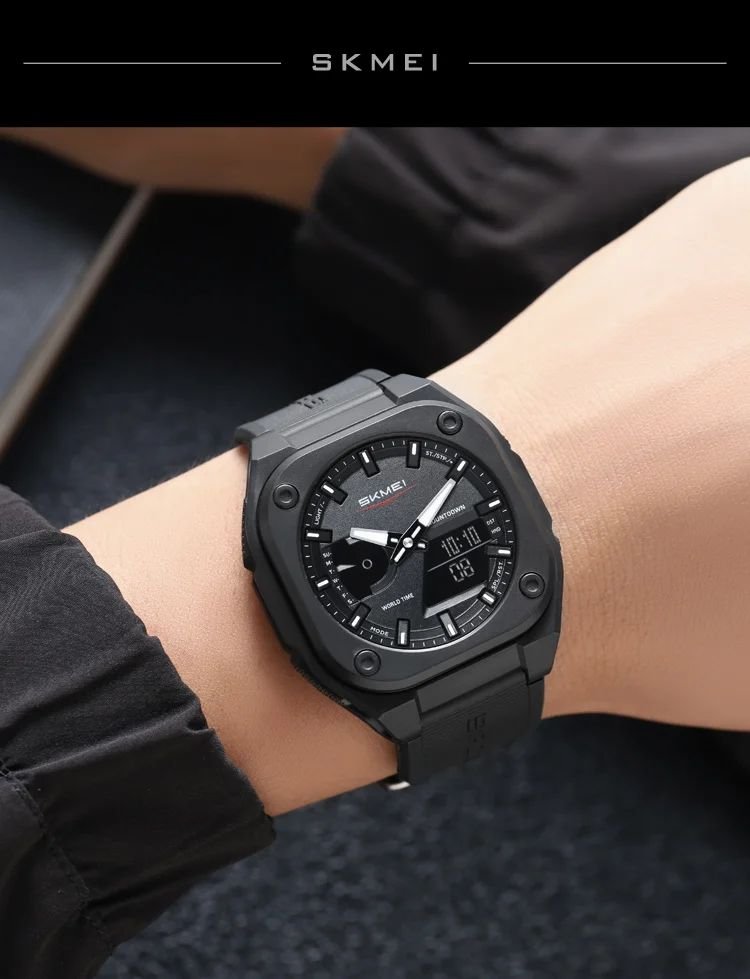 SKMEI Original Men's World Timer Watch – Premium Analog-Digital Sports Chronograph with Heavy-Duty Silicone Strap - Black - Image 7